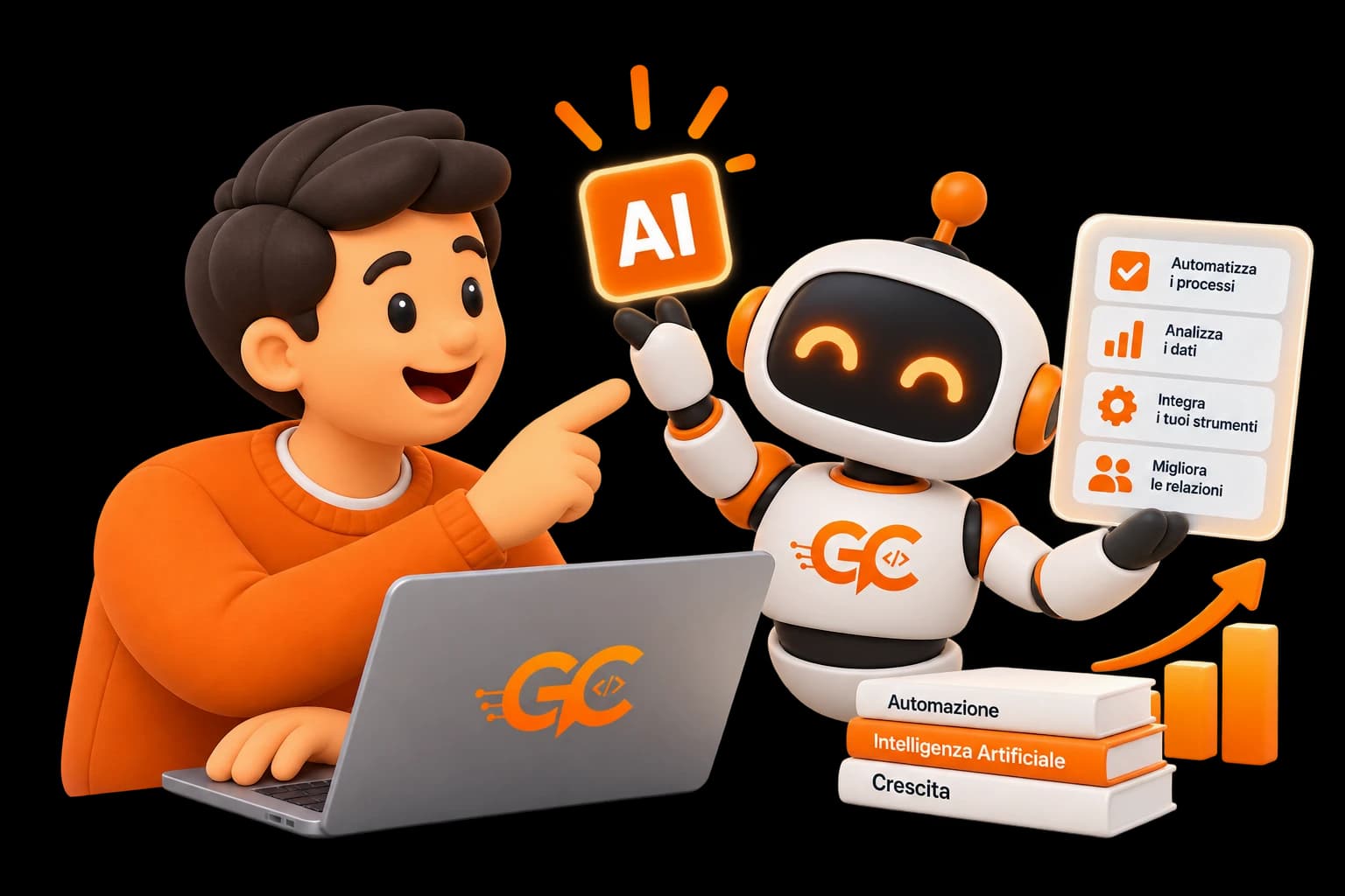 Una persona al computer insieme a un assistente AI che automatizza processi, analizza dati e integra strumenti