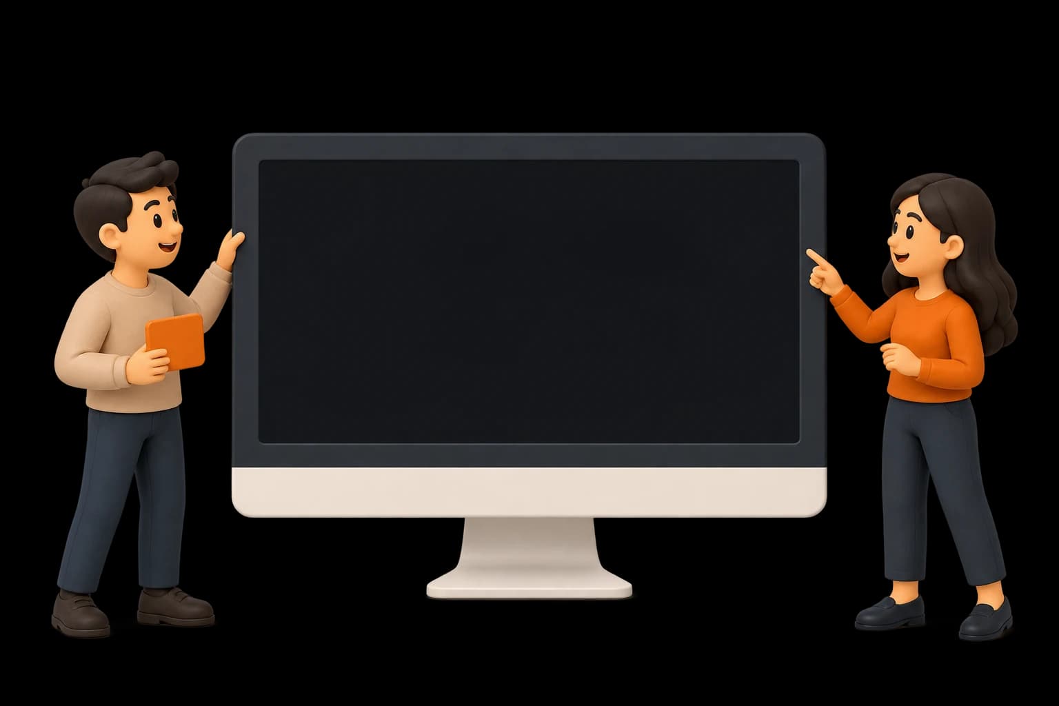 Due persone davanti a un grande monitor: sullo schermo prendono forma un sito, una web app, un'automazione e uno strumento su misura.