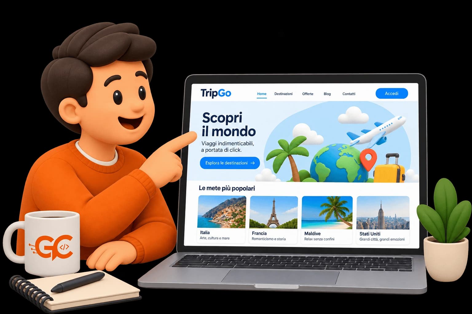 Persona che mostra un sito web appena realizzato su un portatile