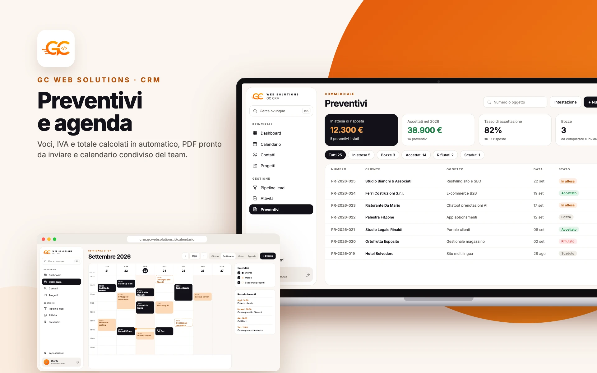 Elenco dei preventivi e calendario del team in GC CRM