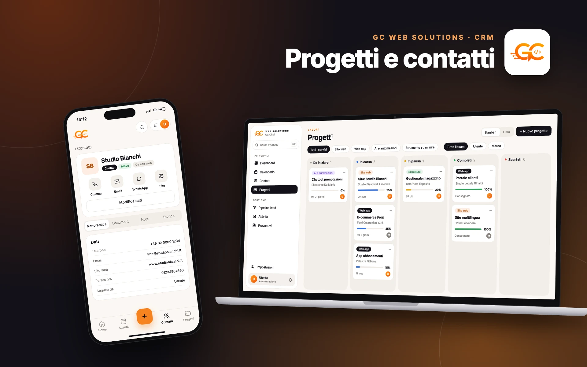 Bacheca kanban dei progetti e scheda contatto in GC CRM