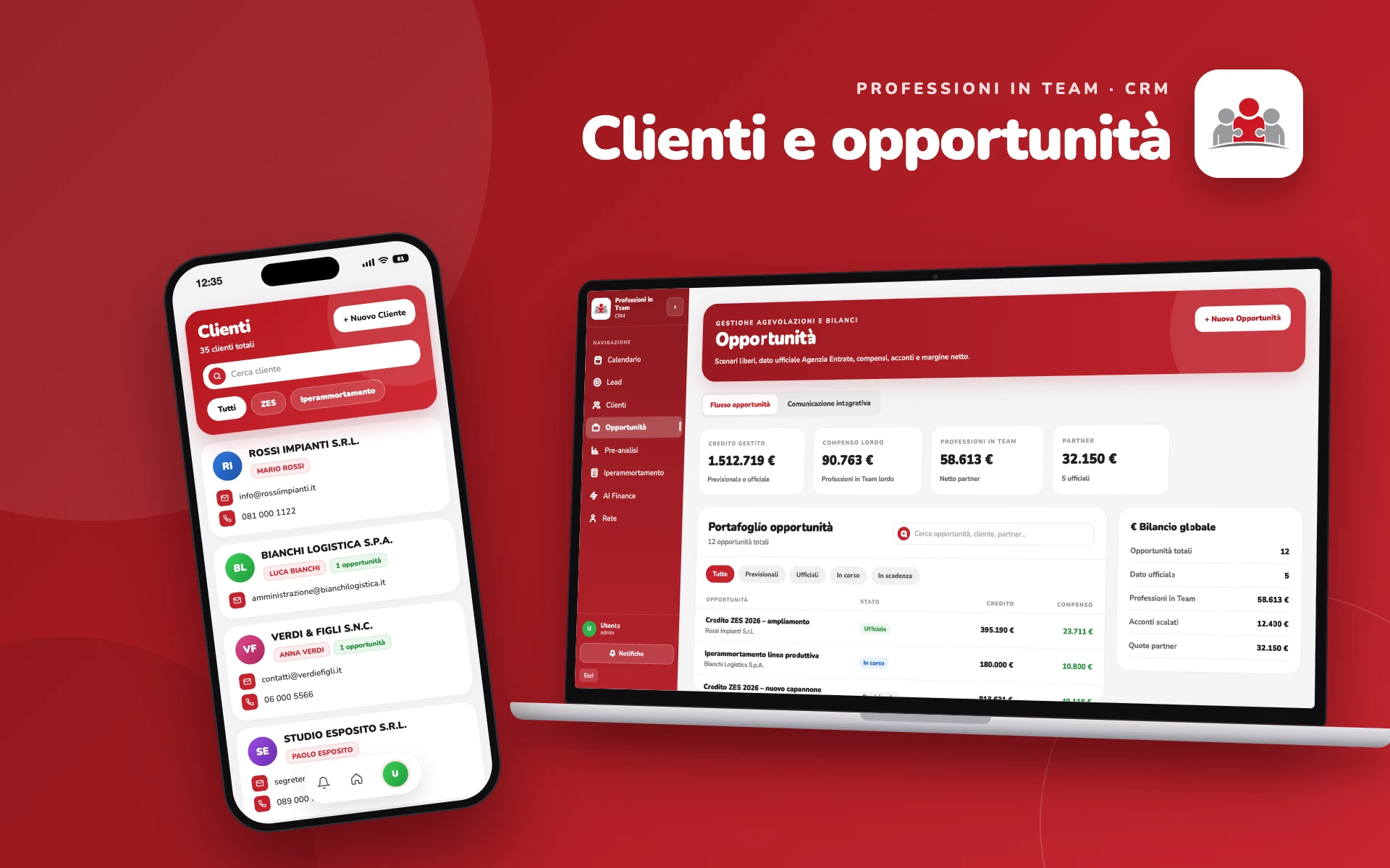 Elenco clienti e portafoglio opportunità nel CRM Professioni in Team