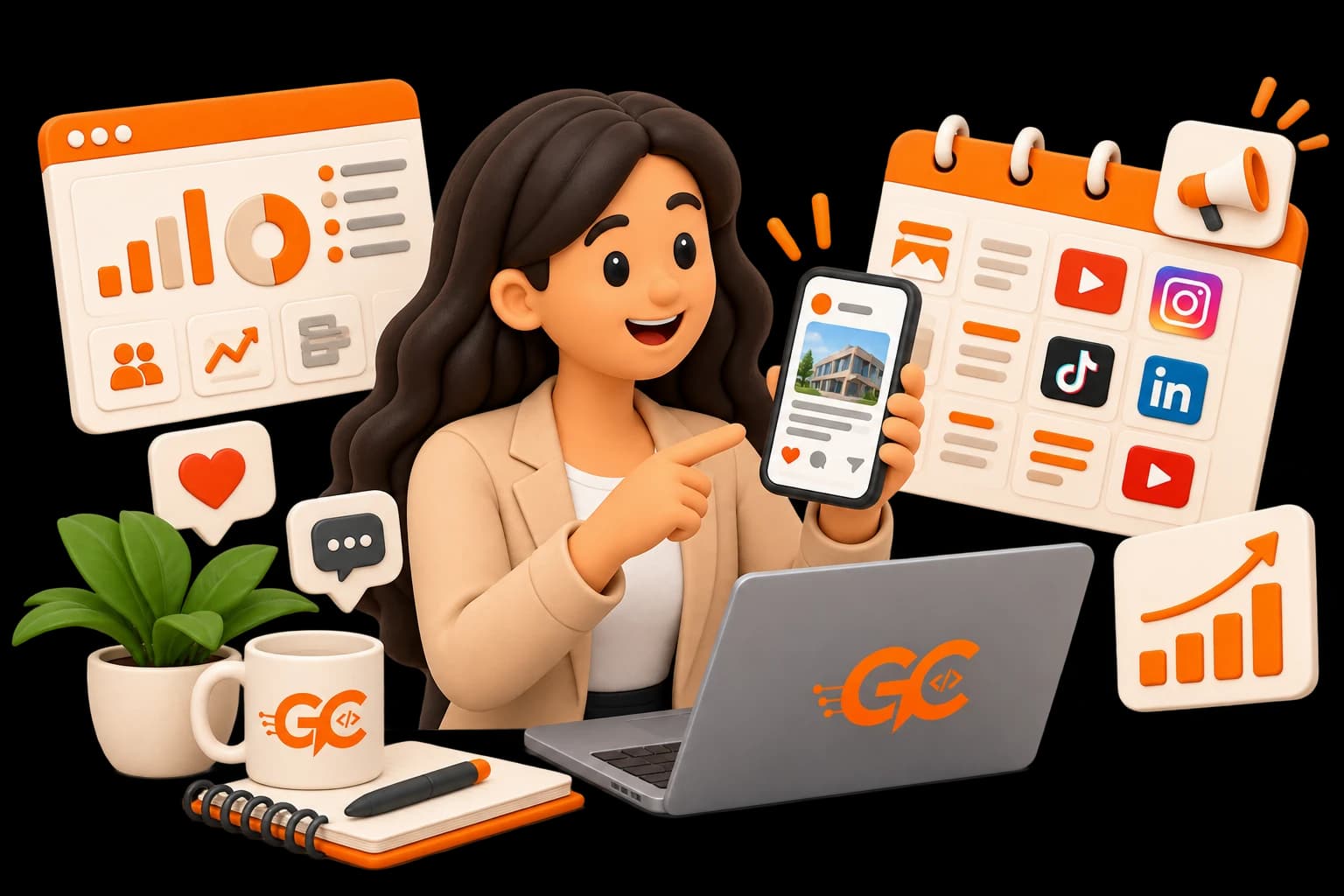 Una social media manager mostra un post sullo smartphone, tra calendario editoriale, statistiche e icone dei social